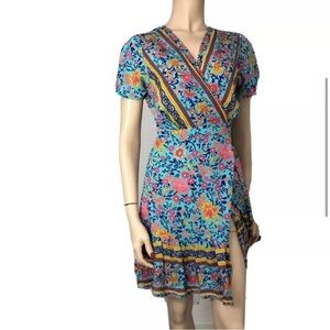 Boho floral print wrap dress V-neck ruffle shorts sleeve summer dress
